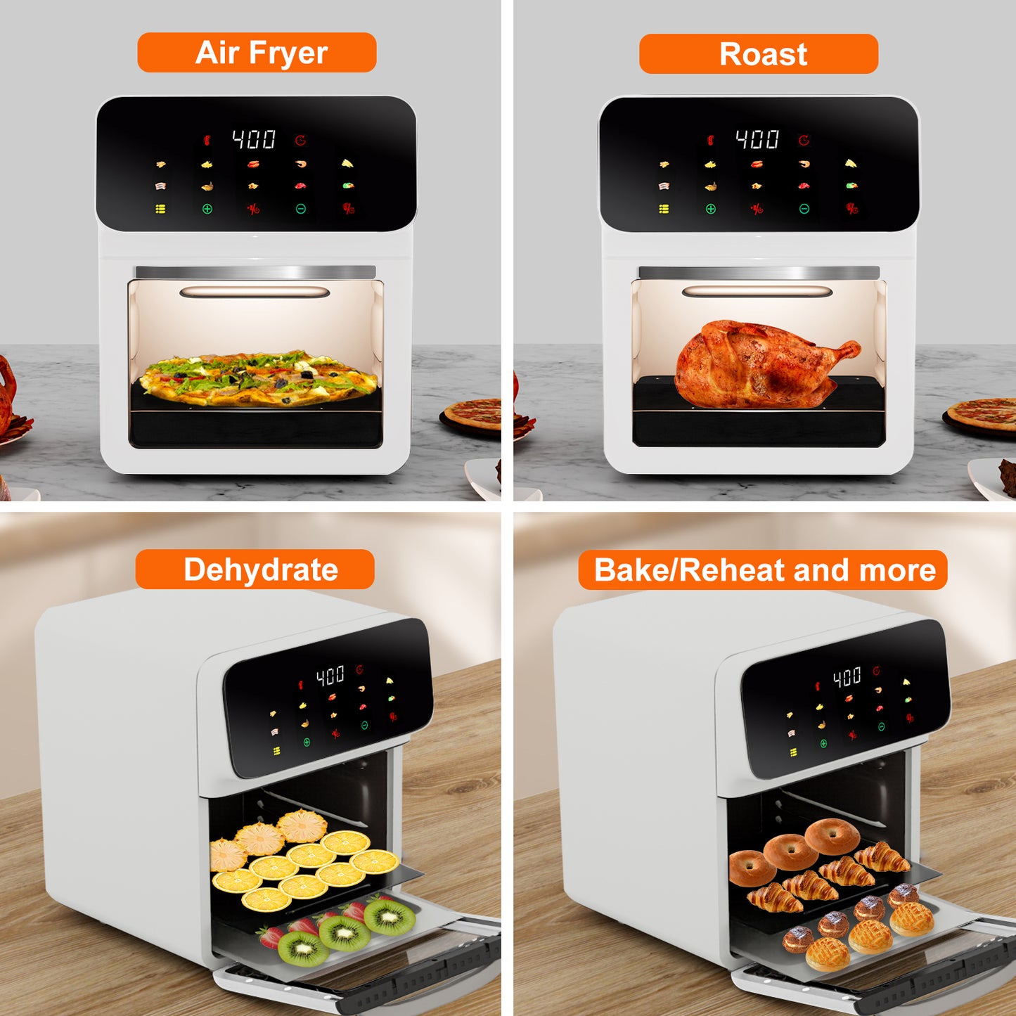 Bluebow Air Fryer 12QT Convection Oven with 10-in-1 Multi Function, Visible Window and Touchscreen, White