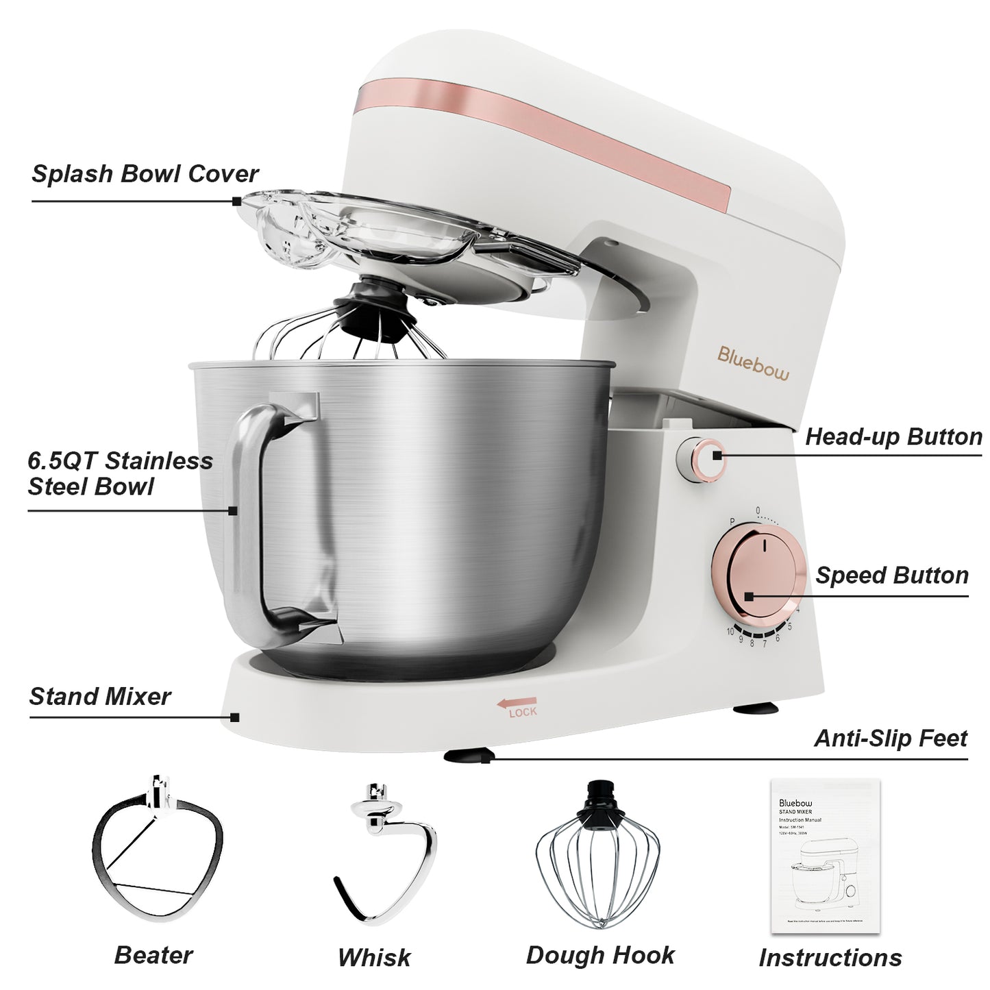 Bluebow 6.5QT Stand Mixer, 10+P Speeds Powerful Electric Kitchen Mixer with Dough Hook, Beater, Whisk, Food Mixer for Baking, Cooking