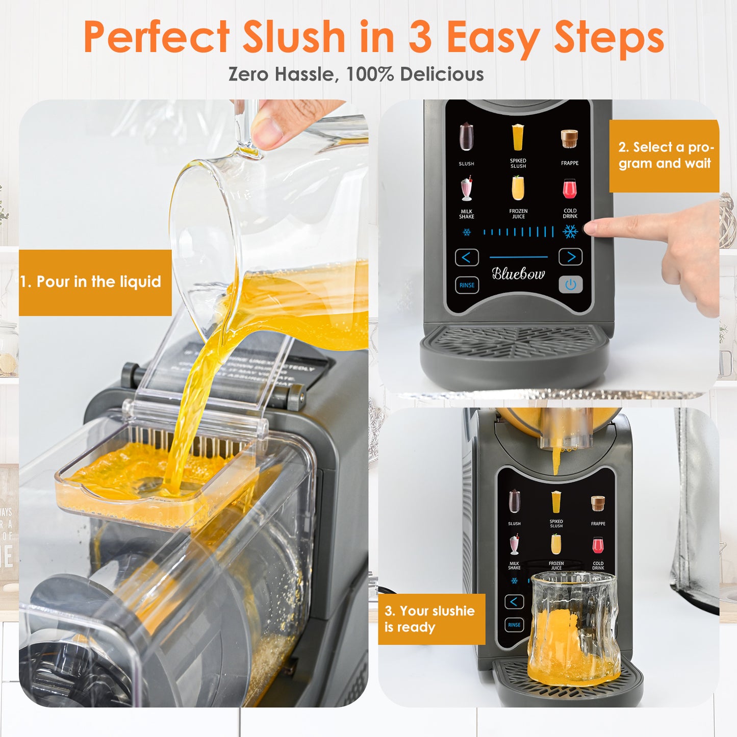 Bluebow Slushie Machine for Home, 88oz Vessel Slushy Maker with 6 Preset Programs, No Ice Needed, Frozen Drink Maker for Slush, Smoothie, Frappe, Milkshakes and More