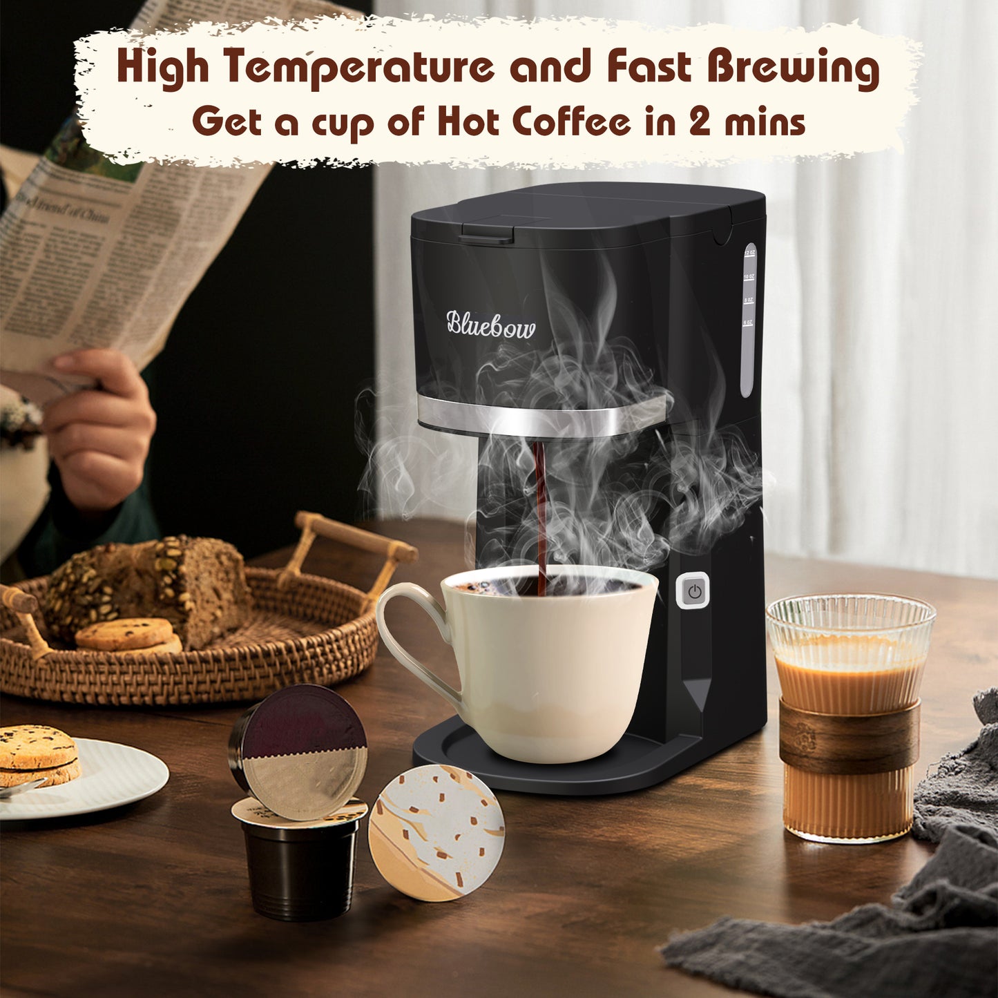 Bluebow Single Serve Coffee Maker for K Cup & Ground Coffee& Tea, Capsule Coffee Machine, 6-12oz Brew Size, Black