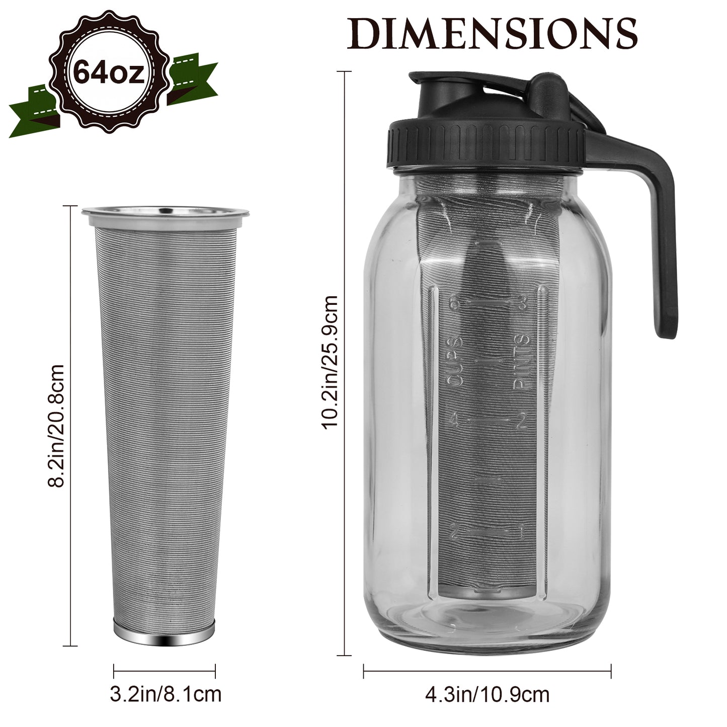 Cold Brew Coffee Maker Pitcher, Glass Pitcher Set with Glass Pitcher, Stainless Steel Filter, Cleaning Brush, 64 oz