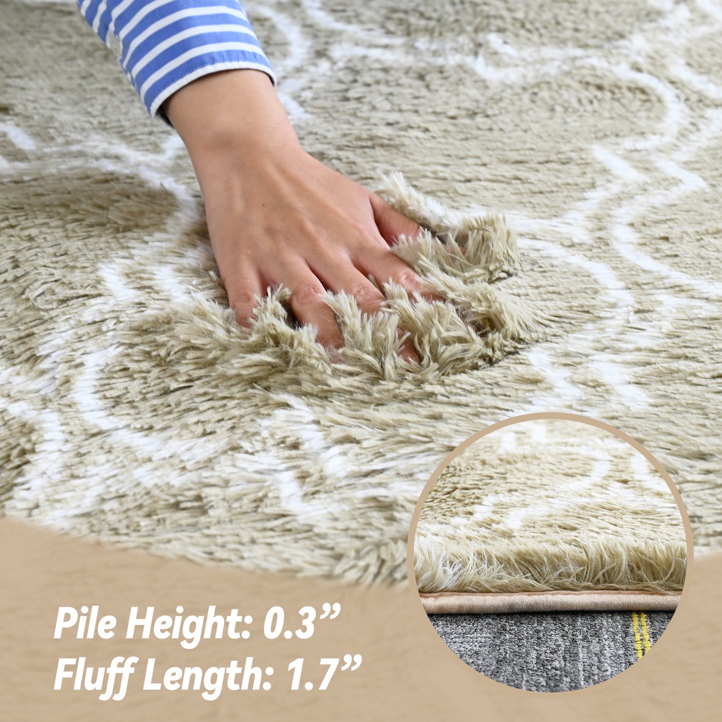 Geometric Shaggy Area Rugs for Bedroom, Moroccan Fluffy Living Room Carpet, Camel & White