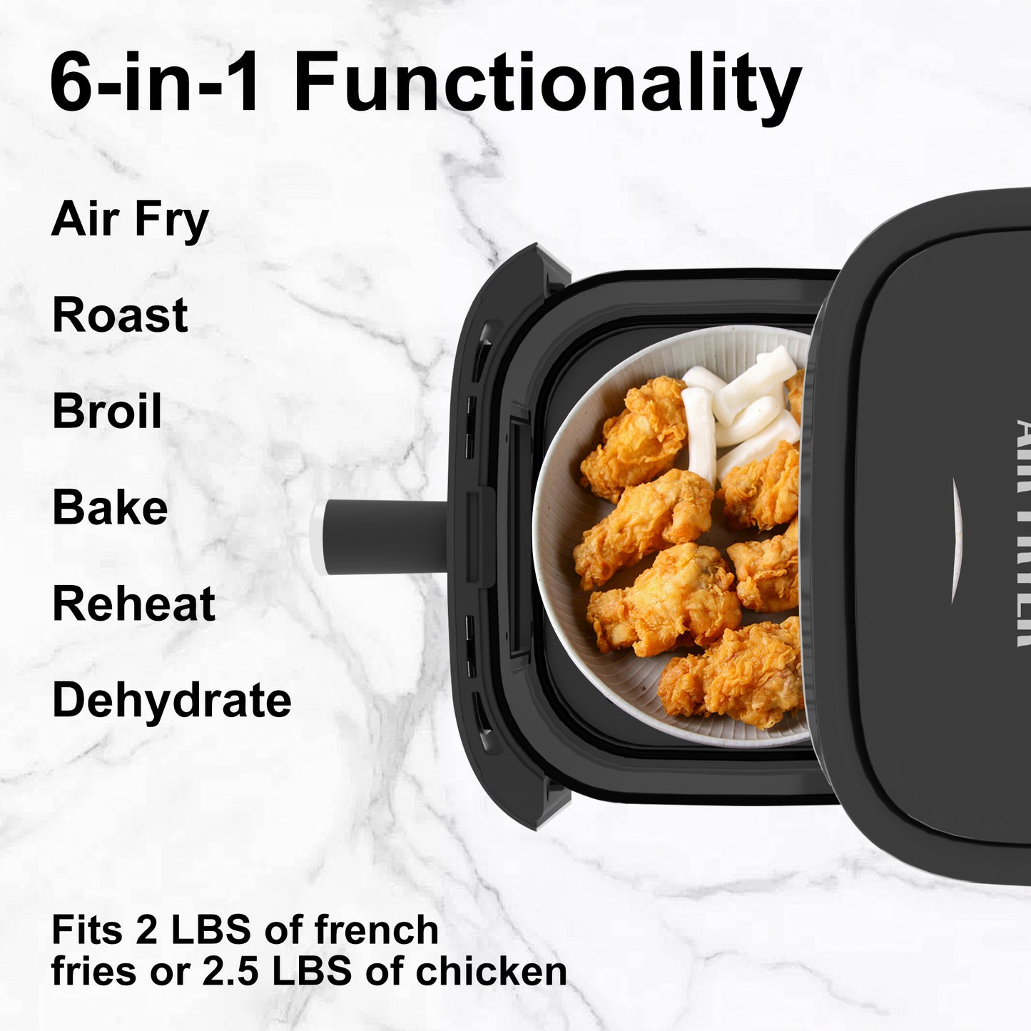 Bluebow 6QT Air Fryer, 8-in-1 Electric Hot Oven with Digital LED Touchscreen, Visible Window, 1500W, New, Black