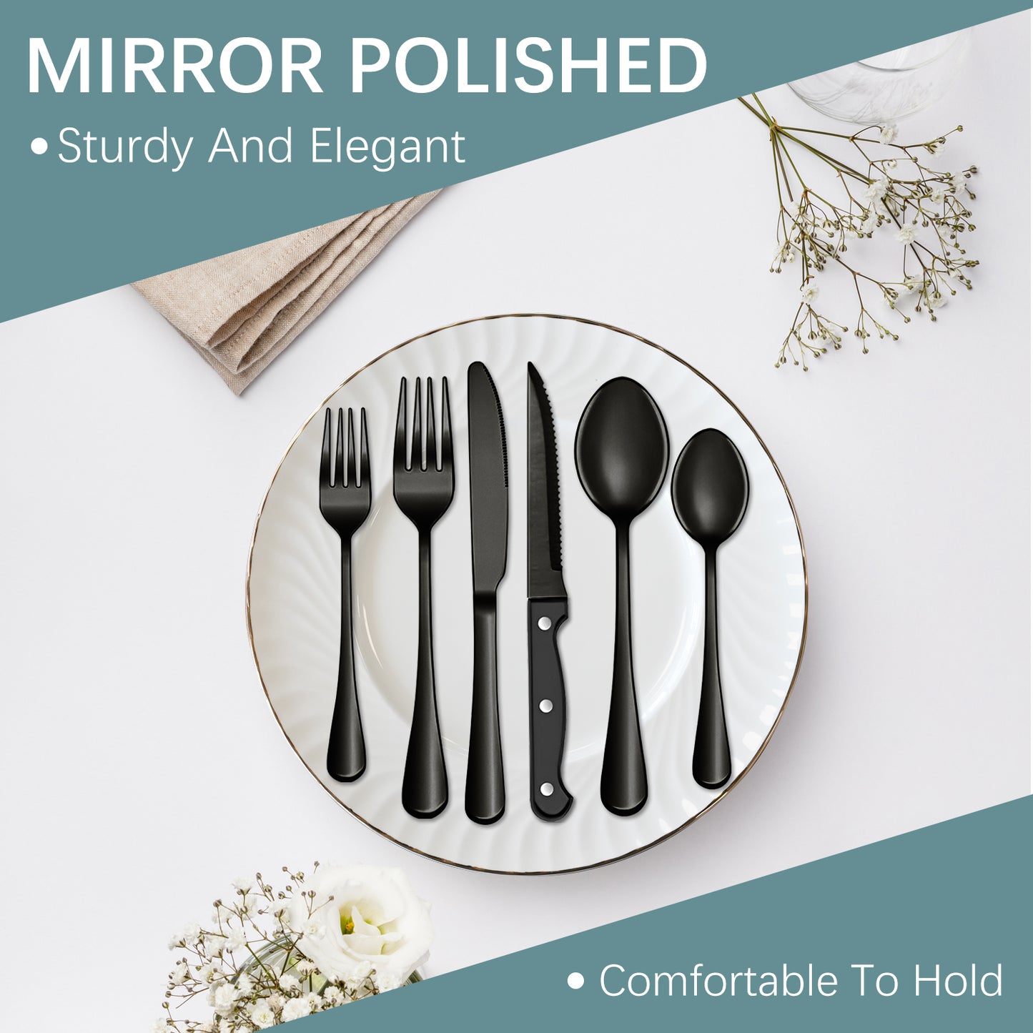 Bluebow 24-Piece Black Silverware Set with Steak Knives, Flatware Cutlery Set for 4, Food-Grade Stainless Steel Kitchen Tableware Set