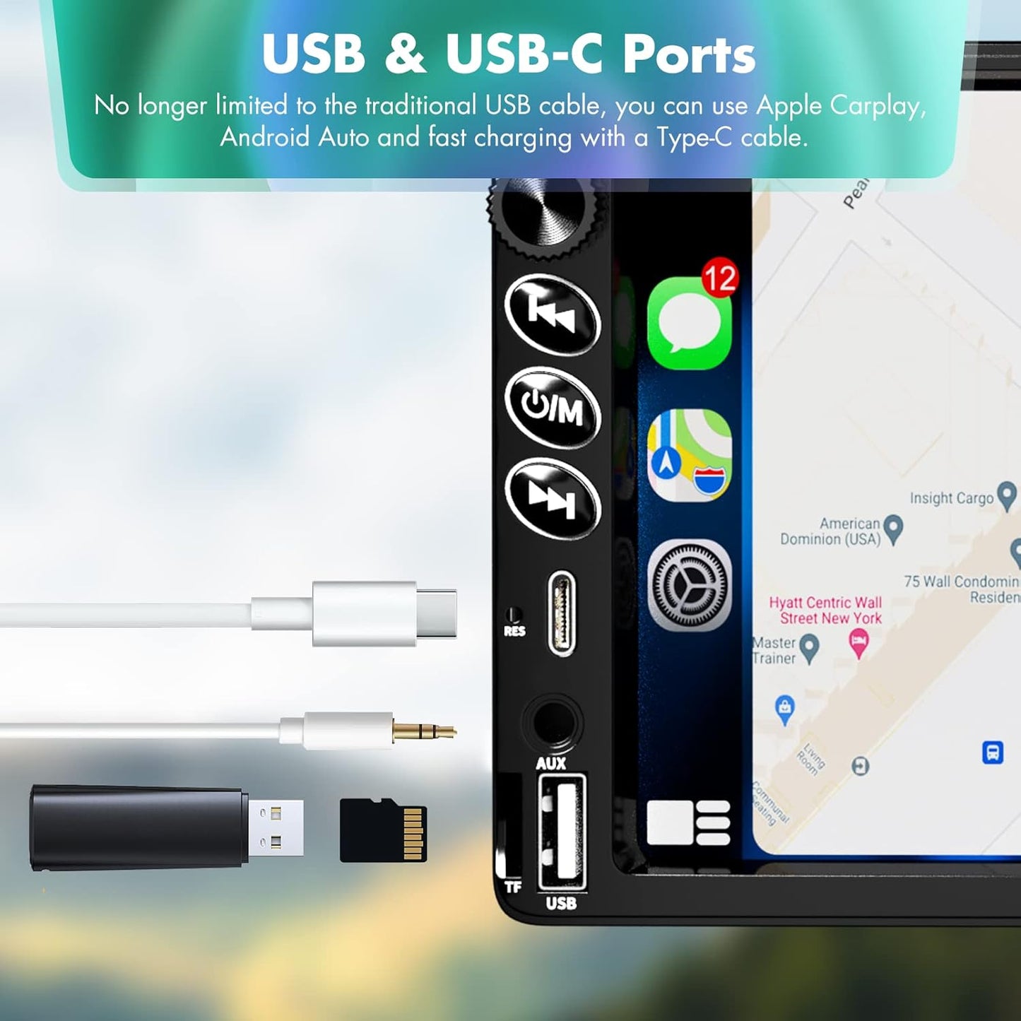 Lieucyst Double Din Car Stereo Compatible with Apple CarPlay & Android Auto, 7-Inch HD Touchscreen Car Radio with USB & Type-C Ports, Bluetooth, FM, Backup Camera, AUX/TF Input