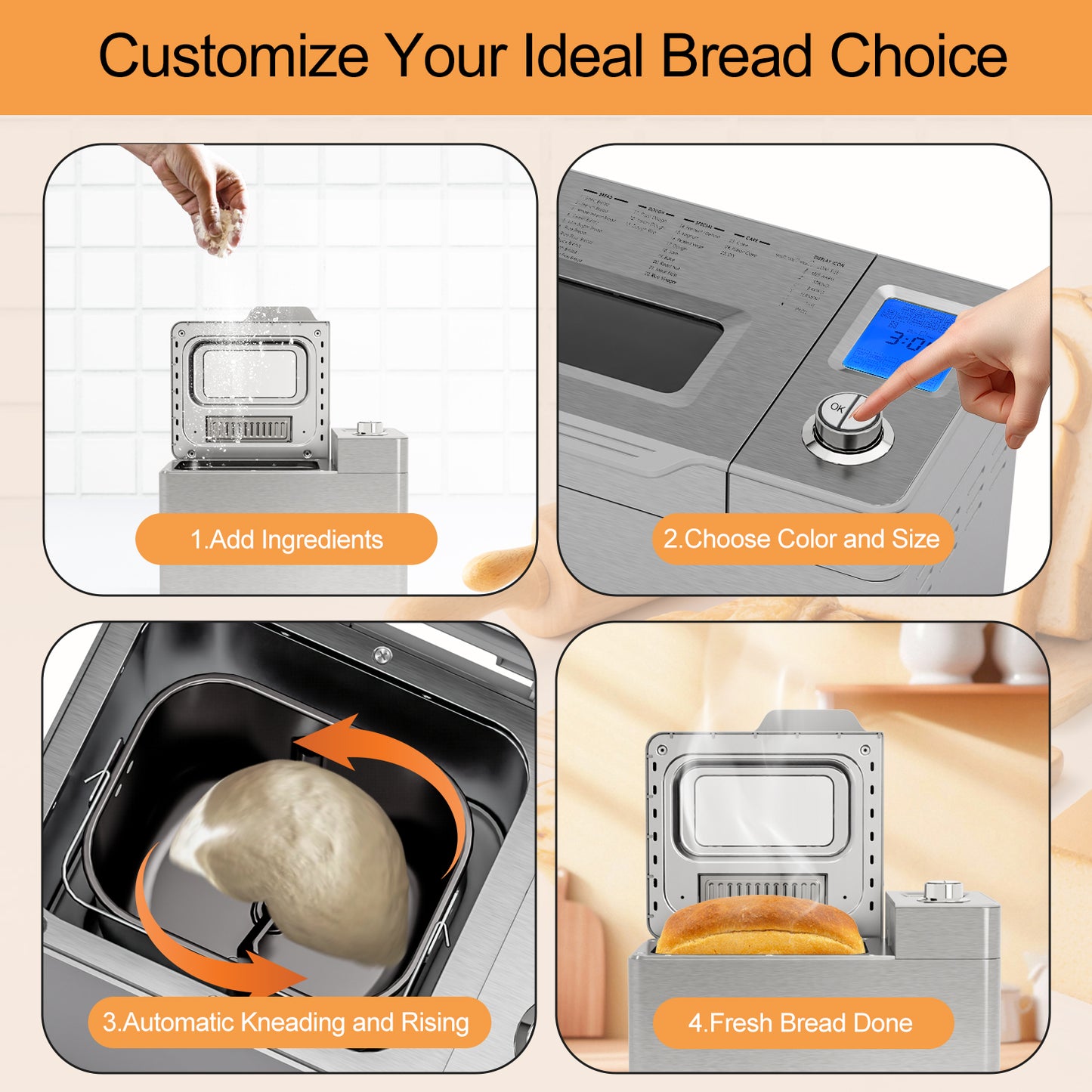 Bluebow 25-in-1 Bread Maker, 2LB Bread Machine with Auto Fruit/Nut Dispenser, Gluten-Free Setting, Keep Warm&13H Delay Timer, Stainless Steel