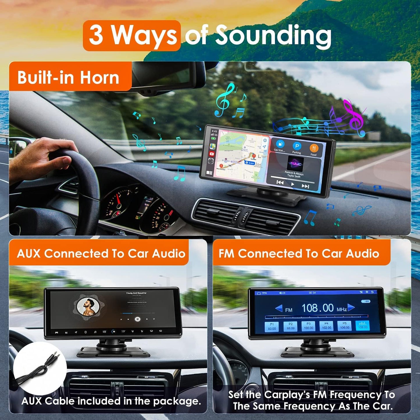 Lieucyst Wireless Apple CarPlay Dash Mount Portable Car Stereo, Android Auto, 9.33-Inch FHD Touchscreen Car Audio Receiver, Drivemate, Car Buddy with Voice Control, AUX/AV IN/USB, AHD Rear View Camera