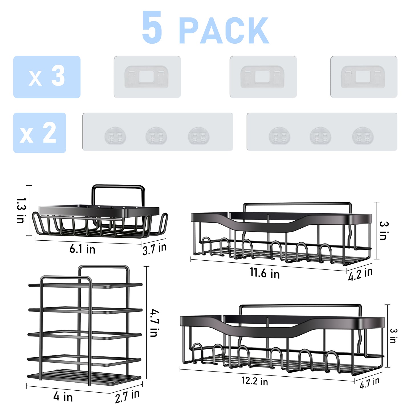 Vaparinckl Shower Caddy, 5 Pack No Drilling Adhesive Bathroom Organizers and Storage, Wall-Mounted Basket Accessories, Black