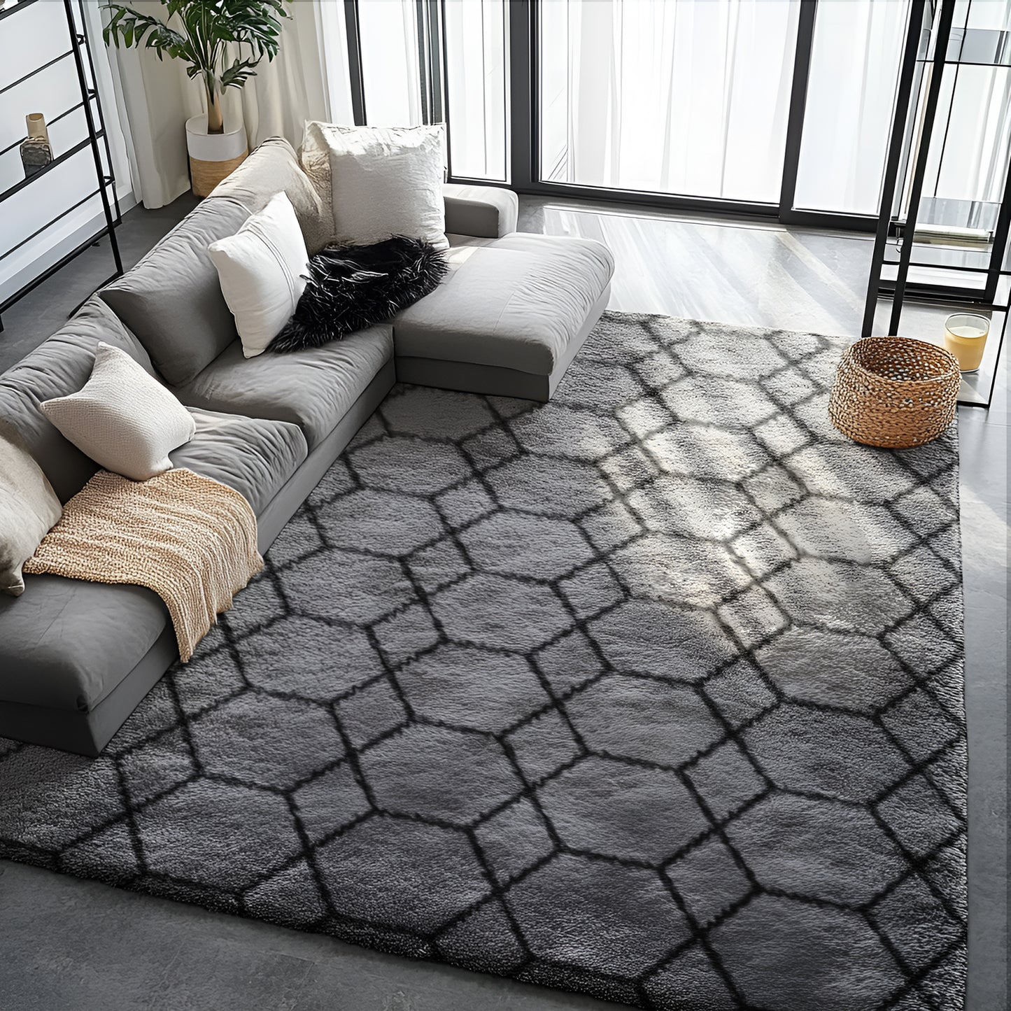 Pentantan Shag Area Rugs for Bedroom, Classic Checkered Fluffy Living Room Carpet, Black & White