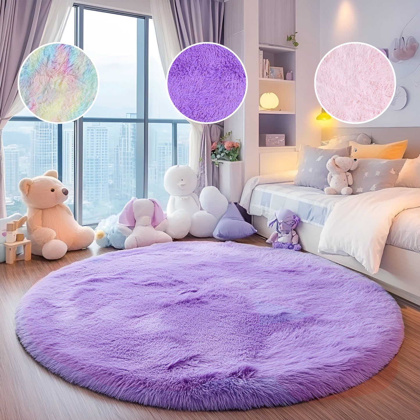 Pentantan 4ft x 4ft Round Shaggy Area Rugs for Bedroom, Fluffy Decorative Carpet for Living Room, Purple