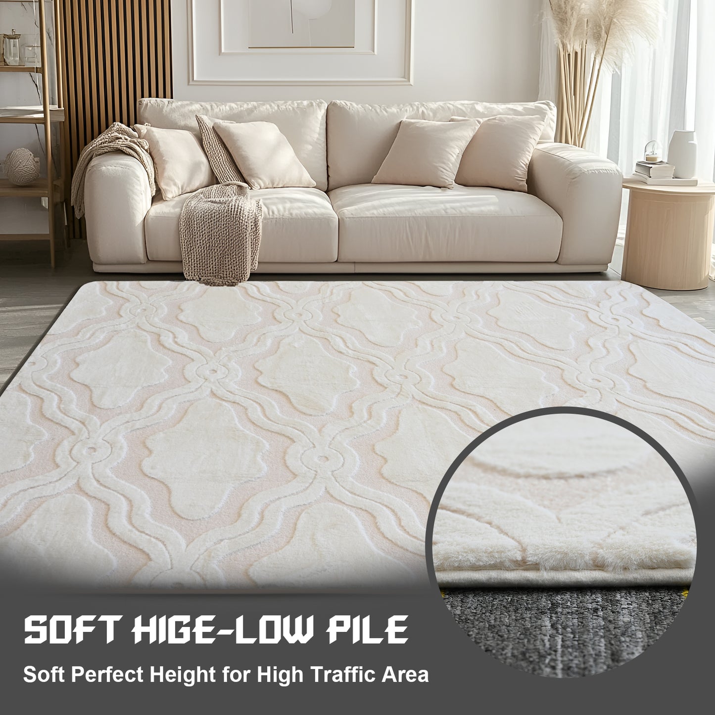 5ft x 8ft Shaggy Area Rugs for Bedroom, Modern Geometric Fluffy Living Room Carpet, Beige & White