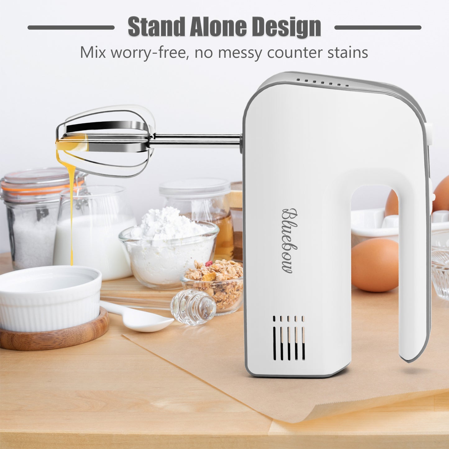 Bluebow 5-Speed Electric Hand Mixer, Handheld Mixer for Baking & Cooking, Kitchen Food Mixer with 2 Dough Hooks, 2 Whisks(Black)