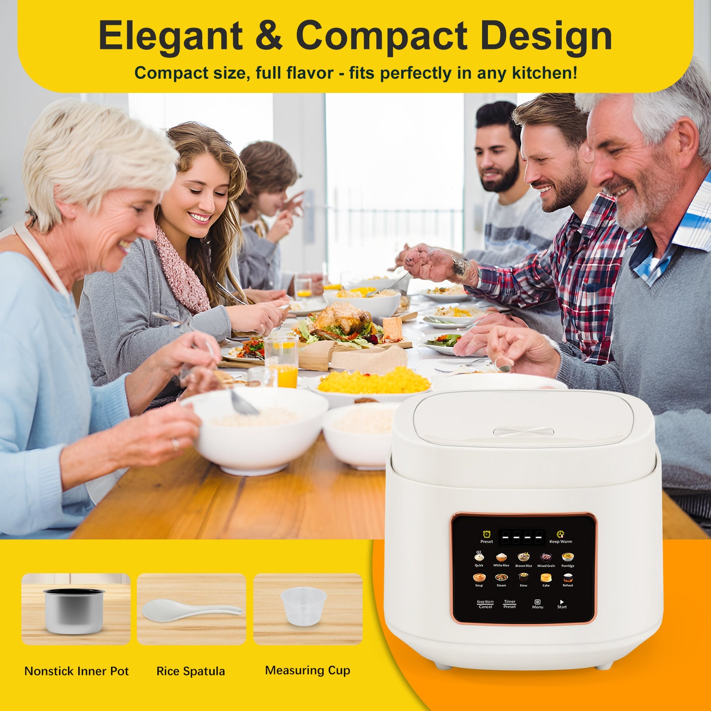 Bluebow Digital Rice Cooker, 10-Cups/5.3QT Rice Maker, 10-in-1 Smart Multi-Cooker, 24-Hour Timer & Keep Warm, Non-Stick Inner Pot, White