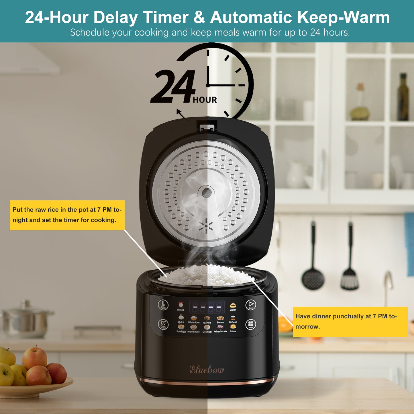 Bluebow Digital Rice Cooker, 6-Cup/2.1QT Small Rice Maker, 10 Presets, 24-Hour Delay Timer & Keep Warm, Non-Stick Inner Pot