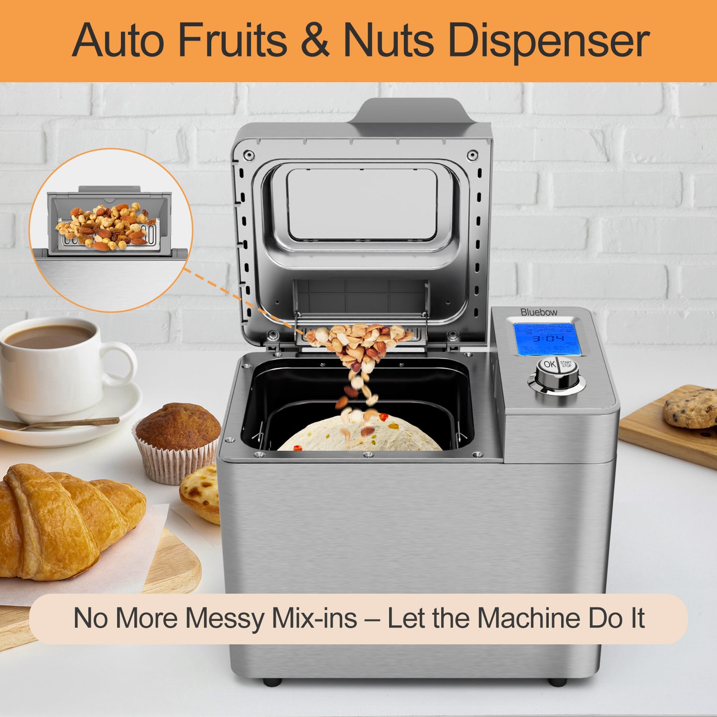 Bluebow 25-in-1 Bread Maker, 2LB Bread Machine with Auto Fruit/Nut Dispenser, Gluten-Free Setting, Keep Warm&13H Delay Timer, Stainless Steel