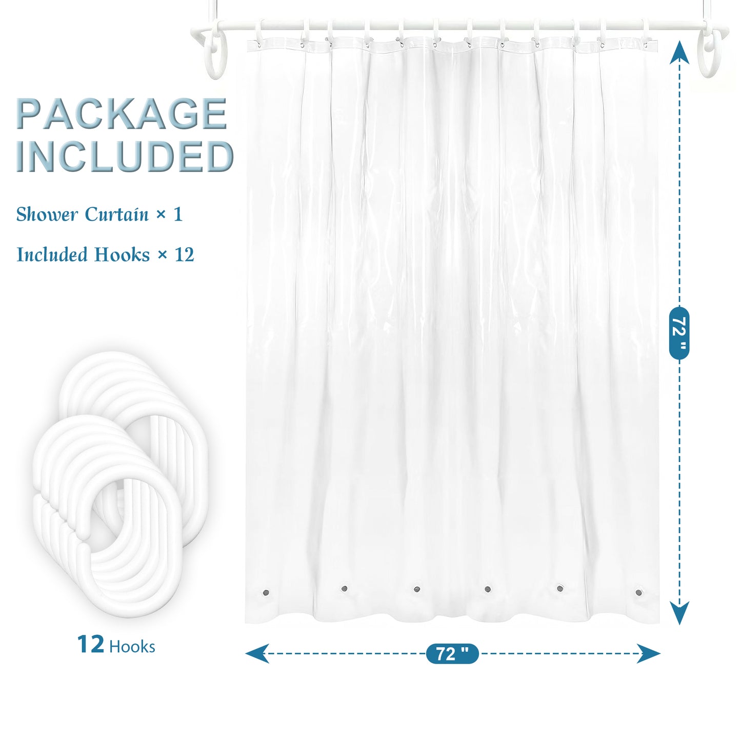 Vaparinckl Shower Curtain Liner, PEVA Waterproof Bathroom Accessories with 6 Magnets, Lightweight & Durable, 72"x72", Clear