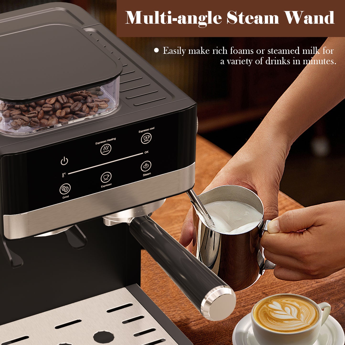 Bluebow Espresso Machine with Grinder, 20Bar Semi-Automatic Coffee Maker with Milk Frother Steam Wand, Professional Cappuccino Latte Machine for Home, Office