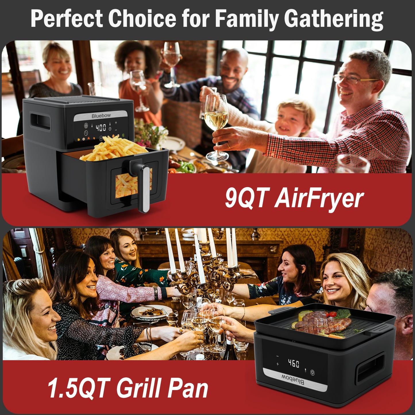 Bluebow 2-In-1 Air Fryer & Grill Pan Combo, 9QT Capacity, 8 Preset Functions, Non Toxic, Non-Stick, View Window, Black