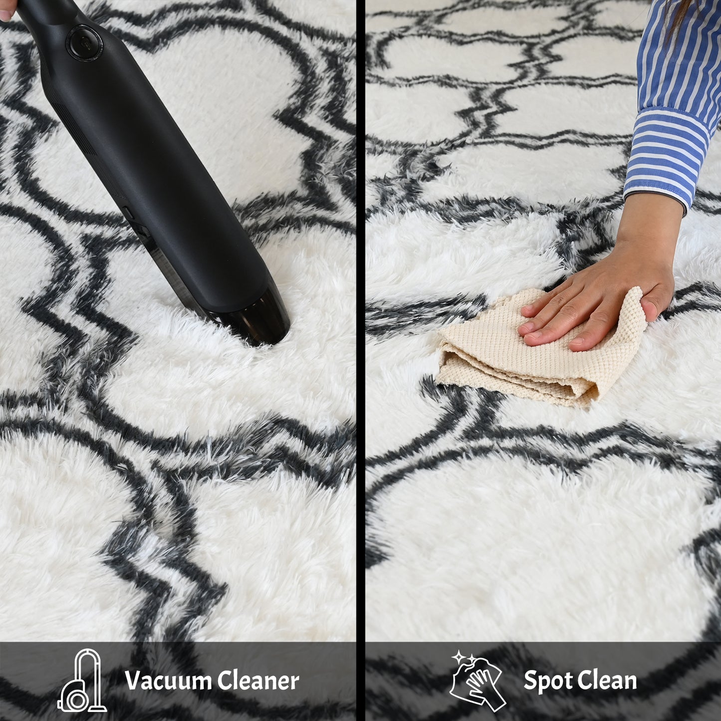 Pentantan 8ft x 10ft Geometric Shag Area Rugs for Living Room, Moroccan Fluffy Bedroom Carpet, White & Black