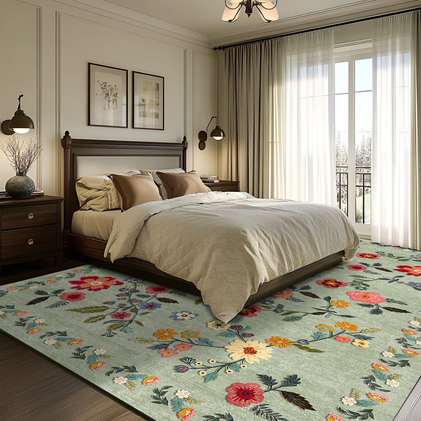 Pentantan 9'x12' Floral Area Rugs, Machine Washable Rug for Living Room- Soft Indoor Carpet, Low Pile for Bedroom, Dining Room, Playroom, Office, Green