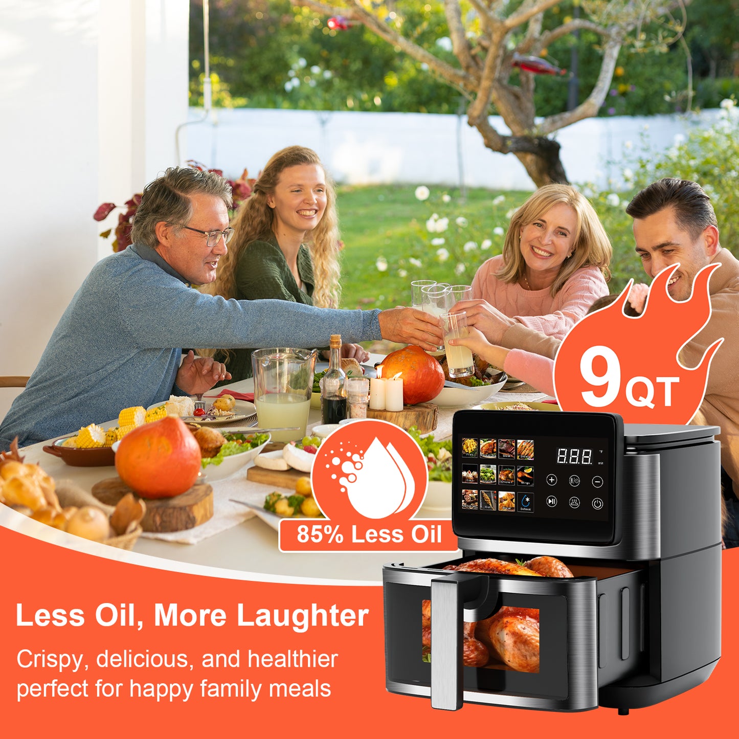 Bluebow 9QT Air Fryer with Large Touch Screen, 12-In-1 Multi-Functional, Visible Window, Oil-Free Cooking, Black