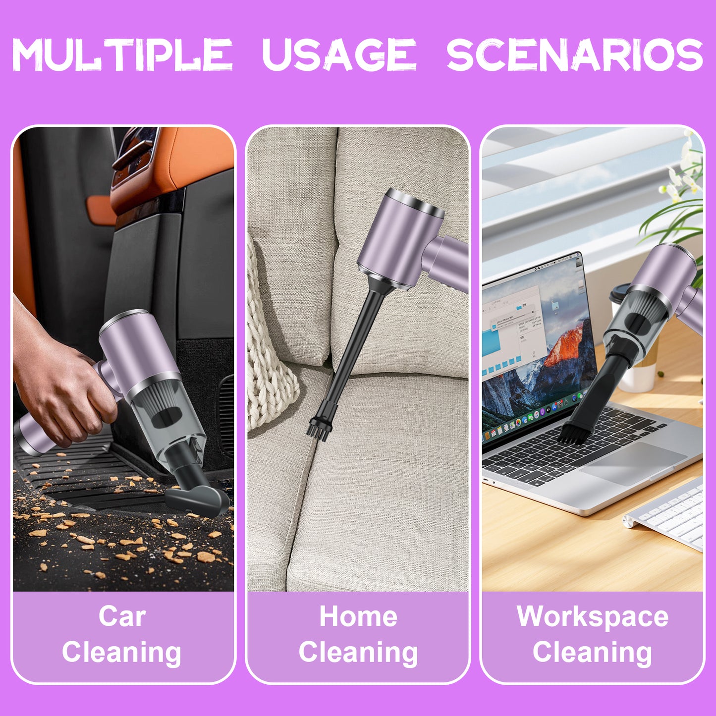 Pentantan Cordless Handheld Vacuum Cleaner, 12000PA Powerful Sutions Car Vacuum, 2 Adjustable Speeds Lightweight Mini Vacuum for Car, Keyboard, Home, Purple