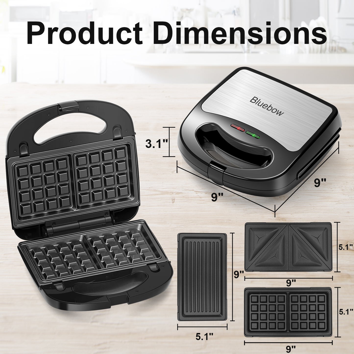 Bluebow 3 in 1 Waffle Maker, 2 Slice Breakfast Sandwich Maker with Removable Plates, Non-Stick Panini Press Grill, Indicator Light, 760W