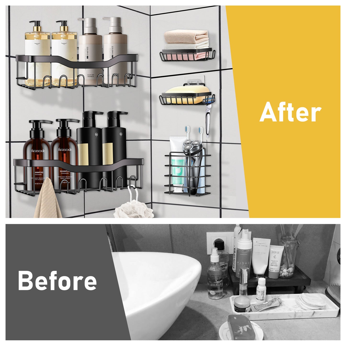 Vaparinckl Shower Caddy, 5 Pack No Drilling Adhesive Bathroom Organizers and Storage, Wall-Mounted Basket Accessories, Black