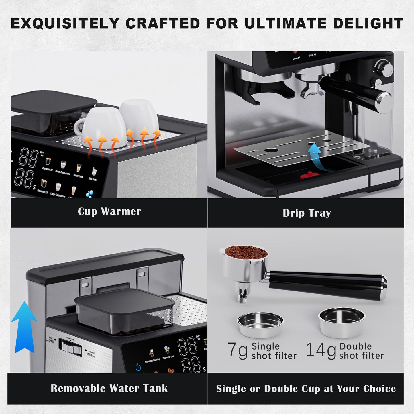 Bluebow All-in-One Espresso Machine with Grinder, 20-Bar Automatic Coffee Maker, Built-in Milk Frother for Latte & Cappuccino, Single/Double Shot Brew, Touchscreen - Stainless Steel