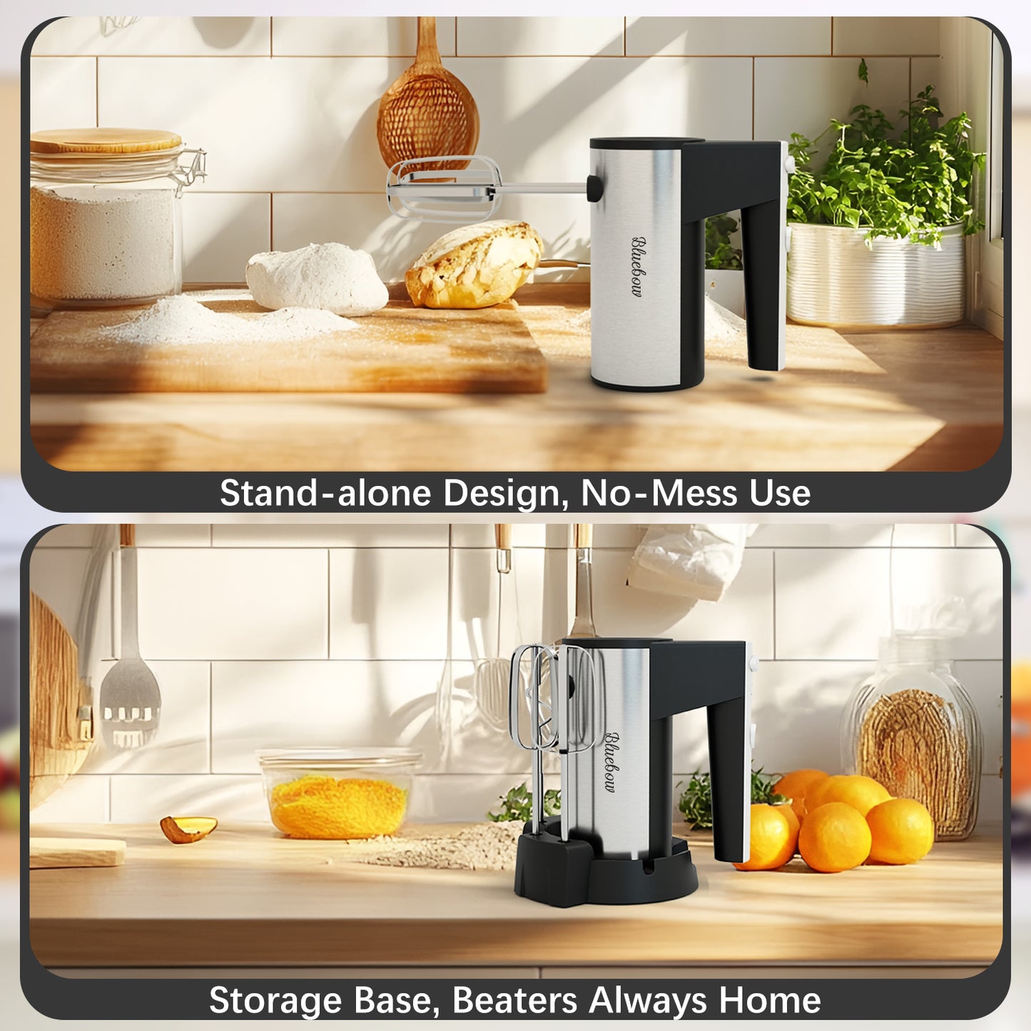 Bluebow Electric Hand Mixer, 5 Speed with Turbo, Kitchen Handheld Mixer with Stainless Steel Whisk, Dough Hook Attachment and Storage Base