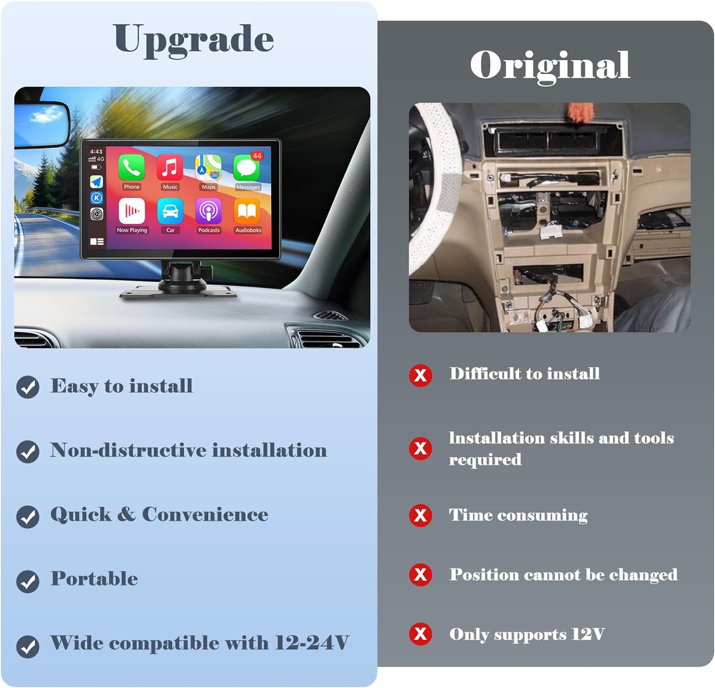 Lieucyst Portable 9" Car Stereo, Wireless Apple Carplay Dash Mount with Siri/Fm, Backup Camera