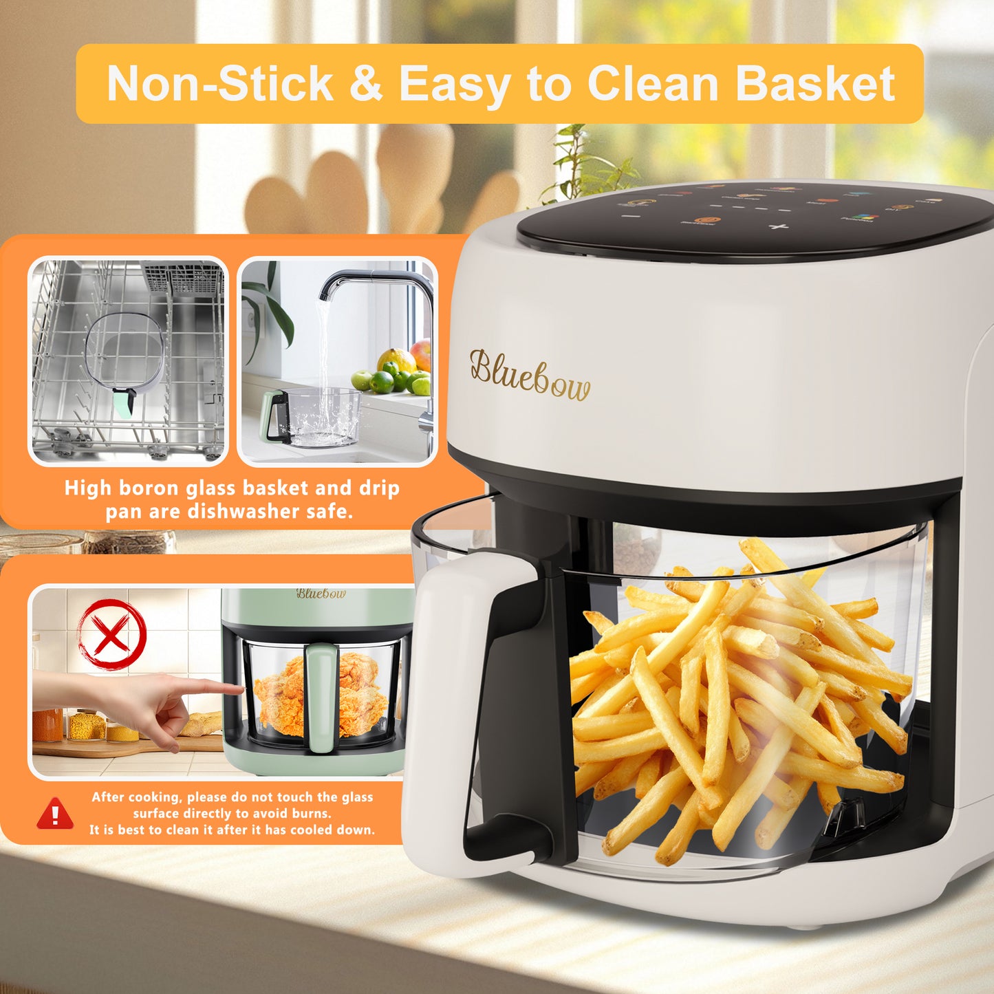 Bluebow Glass Air Fryer, 5QT Air Fryer with Viewing Glass Pot, Air Fry, Roast, Reheat, Dehydrate, Nonstick & Dishwasher Safe Basket,97% Less Oil