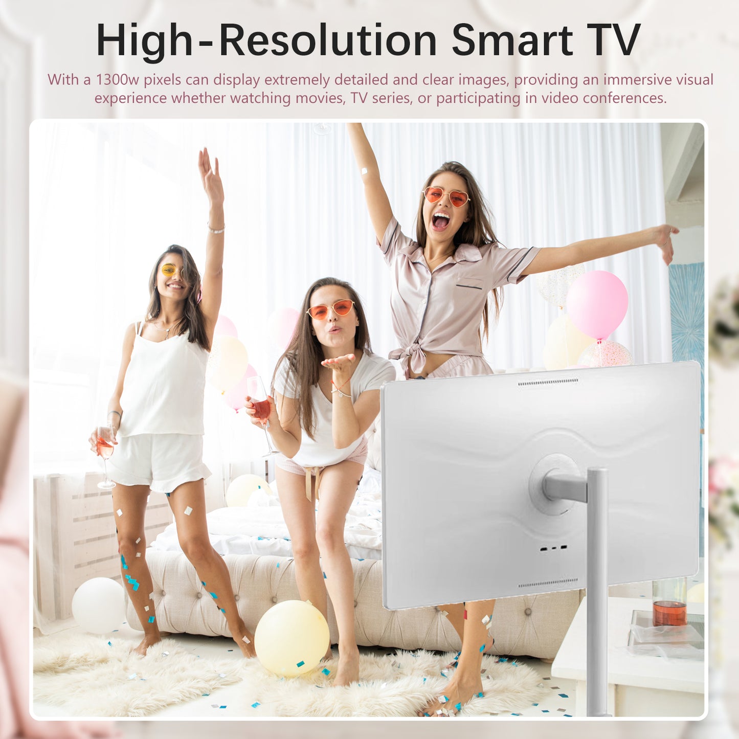 SANPTENT 32" Portable Touch Screen TV on Wheels, 8GB RAM 128GB Storage, 1080P Rolling Smart TV, Android OS 13, Full Swivel Rotation, Remote