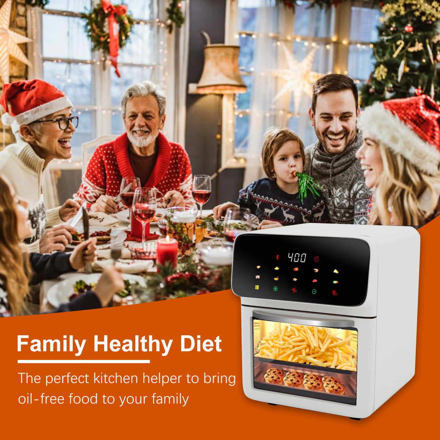 Bluebow Air Fryer 12QT Convection Oven with 10-in-1 Multi Function, Visible Window and Touchscreen, White