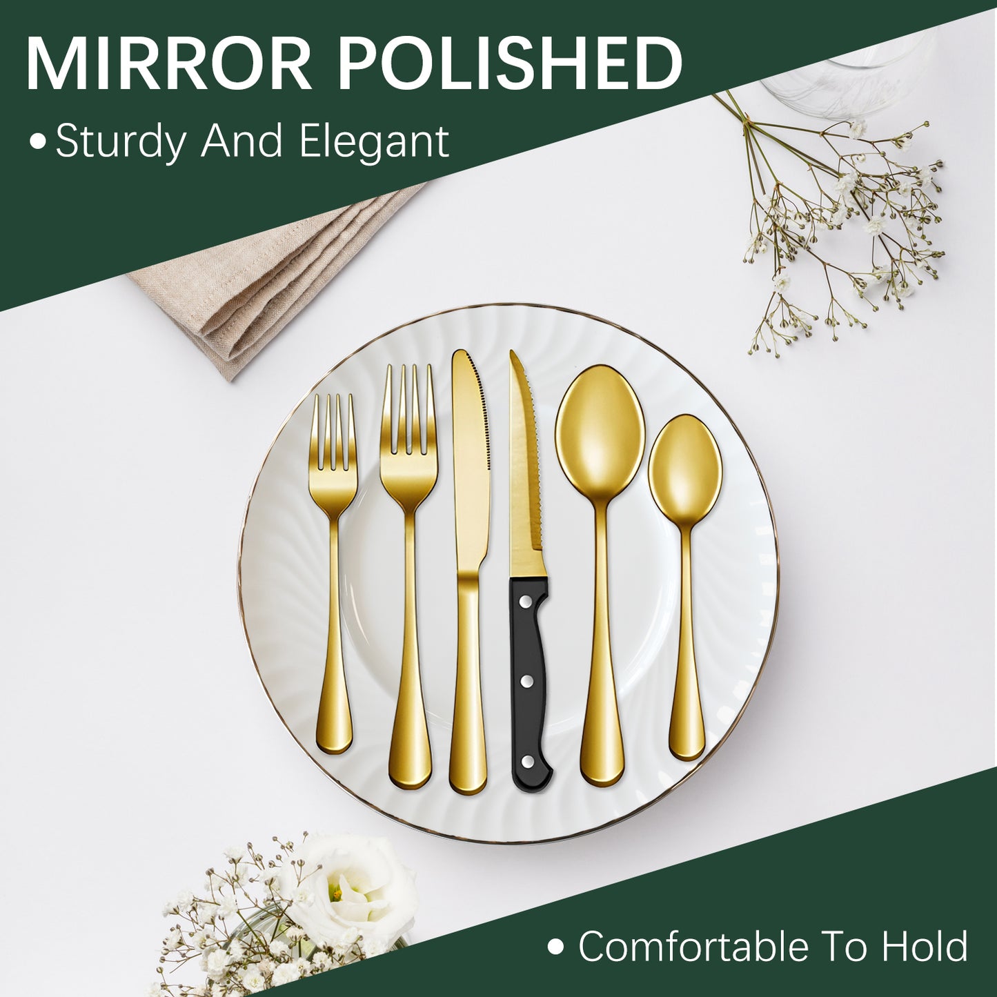 Bluebow 24-Piece Golden Silverware Set with Steak Knives, Flatware Cutlery Set for 4, Food-Grade Stainless Steel Kitchen Tableware Set