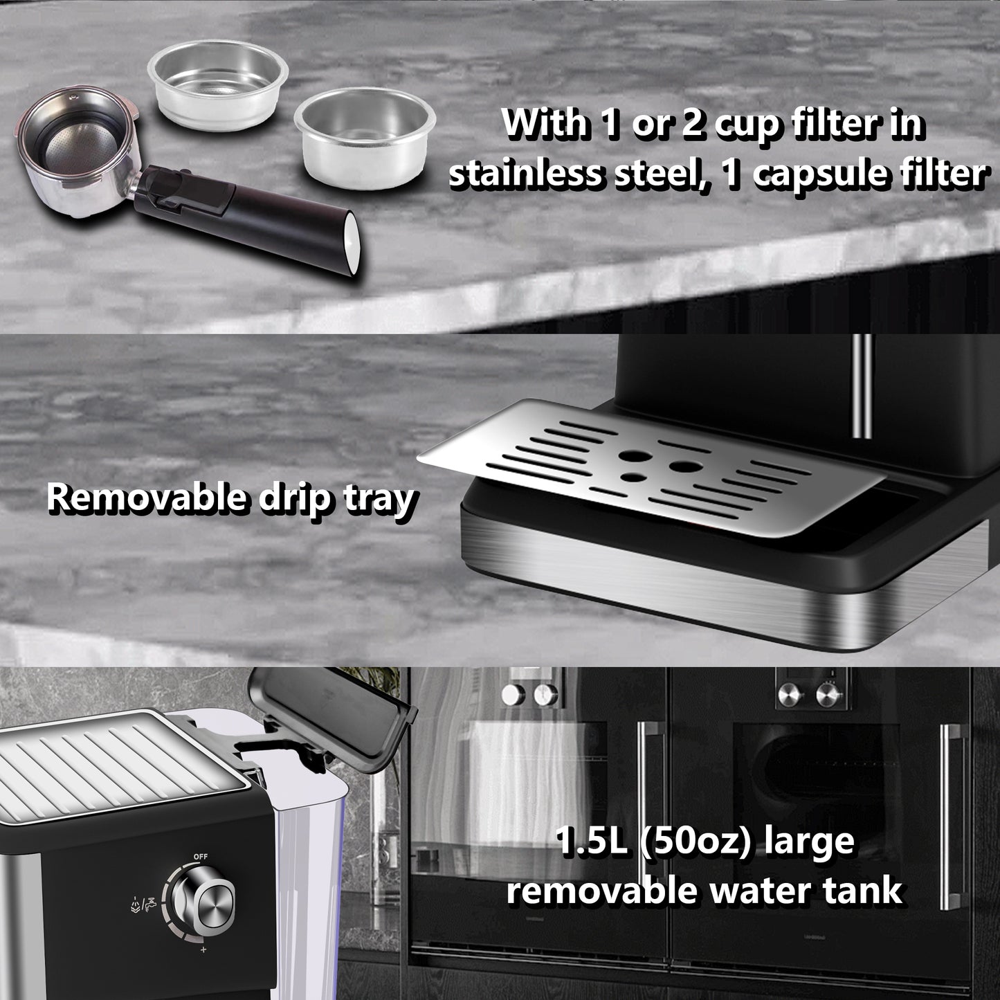 Bluebow Espresso Machine 20 Bar, 1.5L Water Tank Milk Frother Steam, Stainless Steel Coffee Maker, Silver