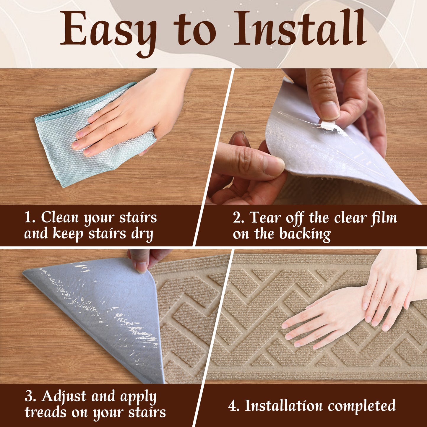 Pentantan Stair Treads for Wooden Steps, 15 Pack 8"x30" Non-Slip Stair Treads, Indoor Machine Washable Stair Runners for Elders and Pets, Beige