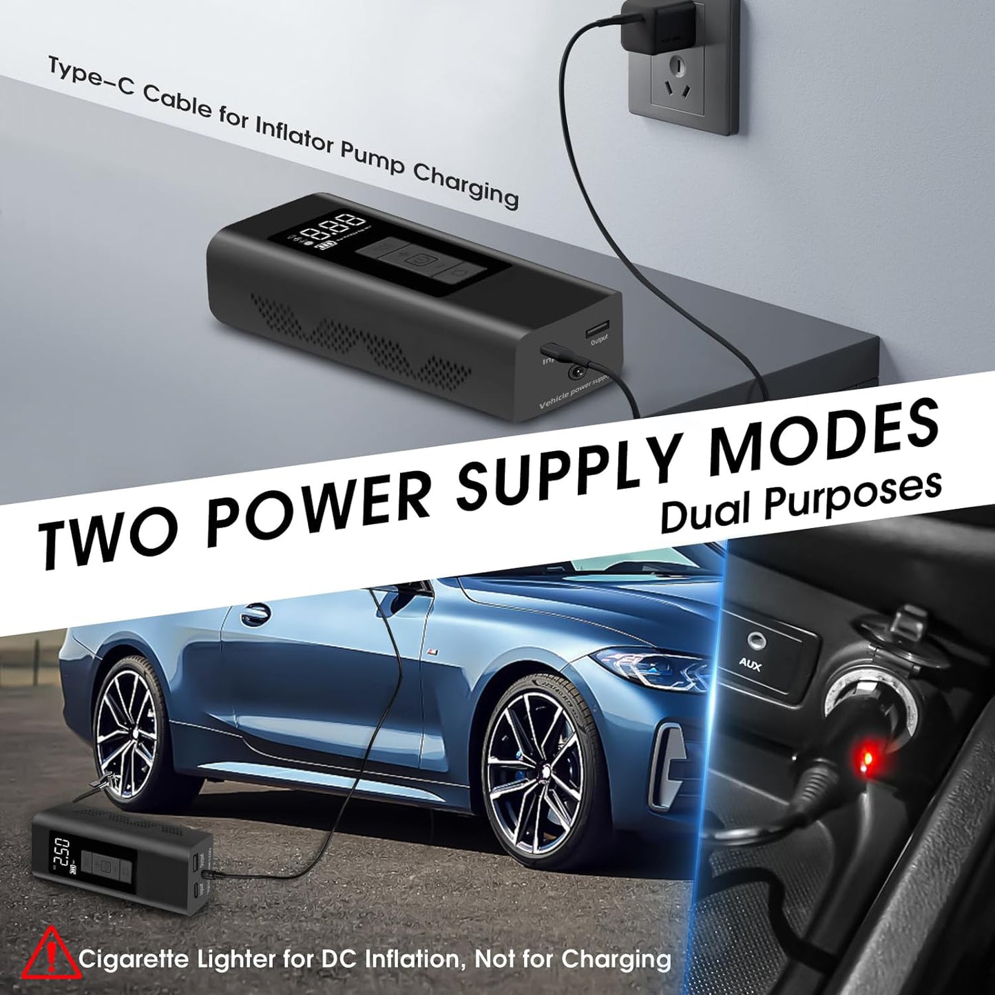 Lieucyst Portable Tire Inflator Air Compressor, Air Pump with 12000mAh Battery, 12V Dual Power