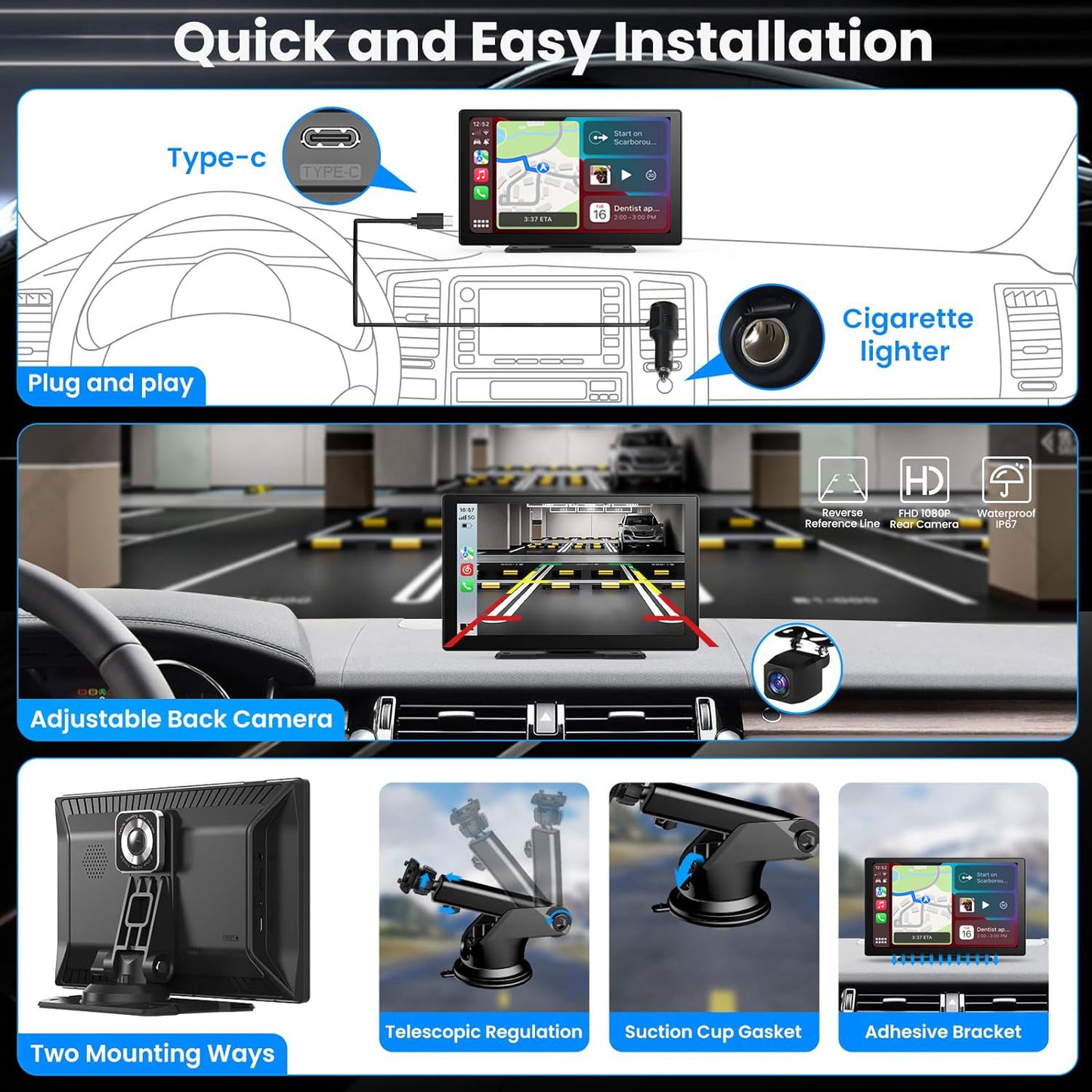 Lieucyst Portable Car Stereo, 9 Inch Wireless CarTouch Screen Apple Carplay and Android Auto with 2.5K Dash Cam, 1080P Backup Camera, Car Audio Receiver with Mirror Link/GPS Navigation/FM/Bluetooth