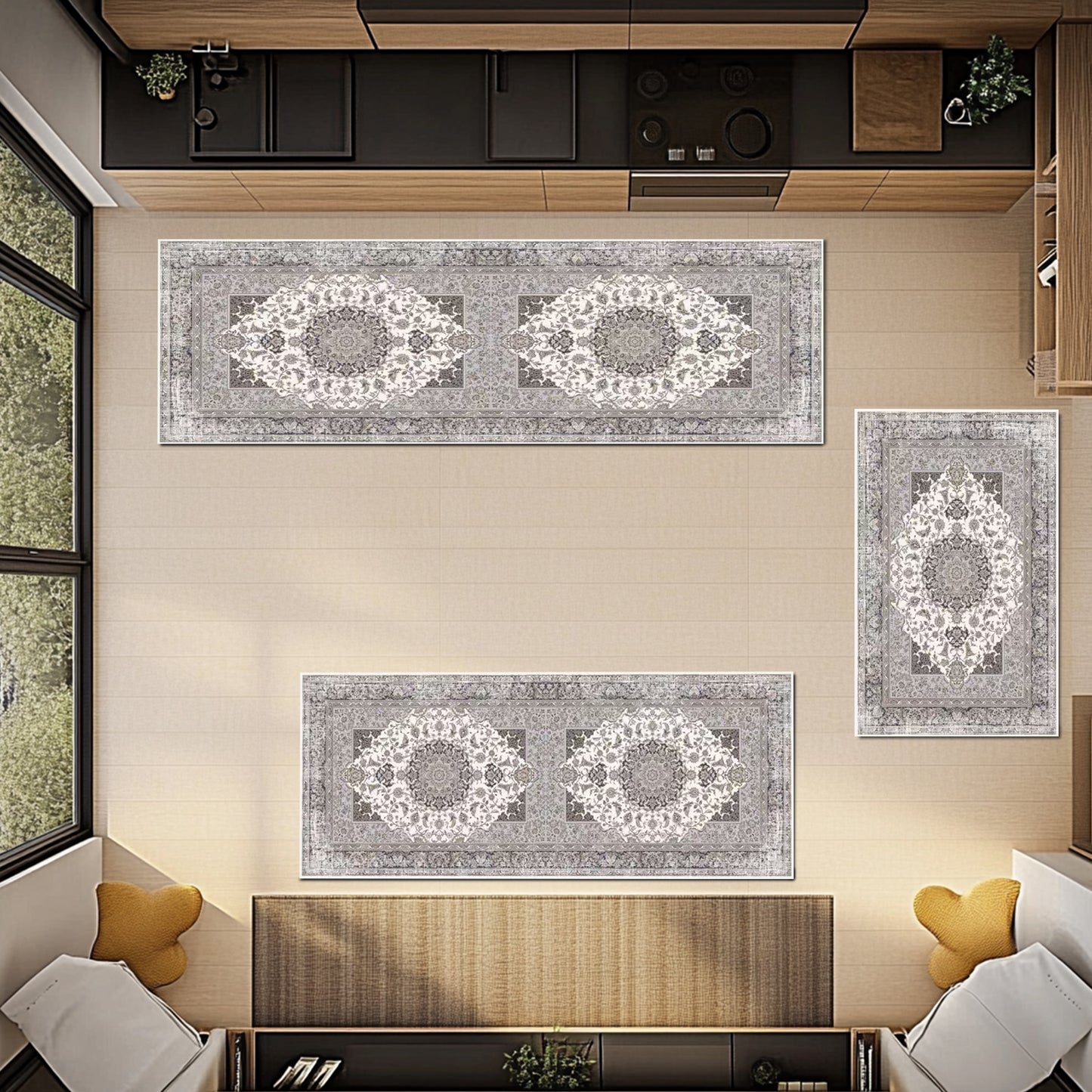 Kitchen Rug Sets [3 PCS], Boho Kitchen Rug with Non Slip Back, Foldable Kitchen Mats for Kitchen, Living Room or Runner Rug, Kitchen Floor Carpet for Hallway Laundry Holiday Decor