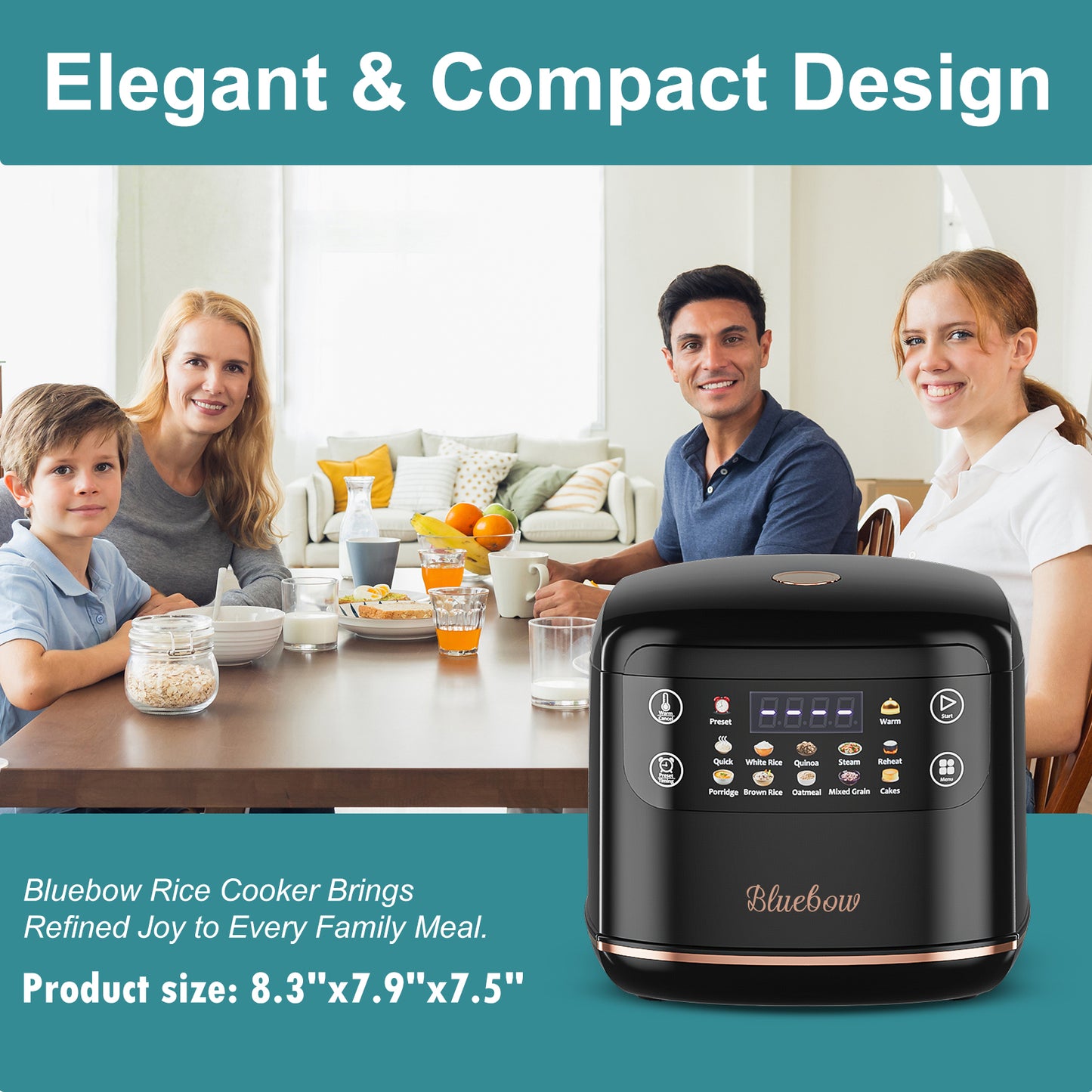 Bluebow Digital Rice Cooker, 6-Cup/2.1QT Small Rice Maker, 10 Presets, 24-Hour Delay Timer & Keep Warm, Non-Stick Inner Pot