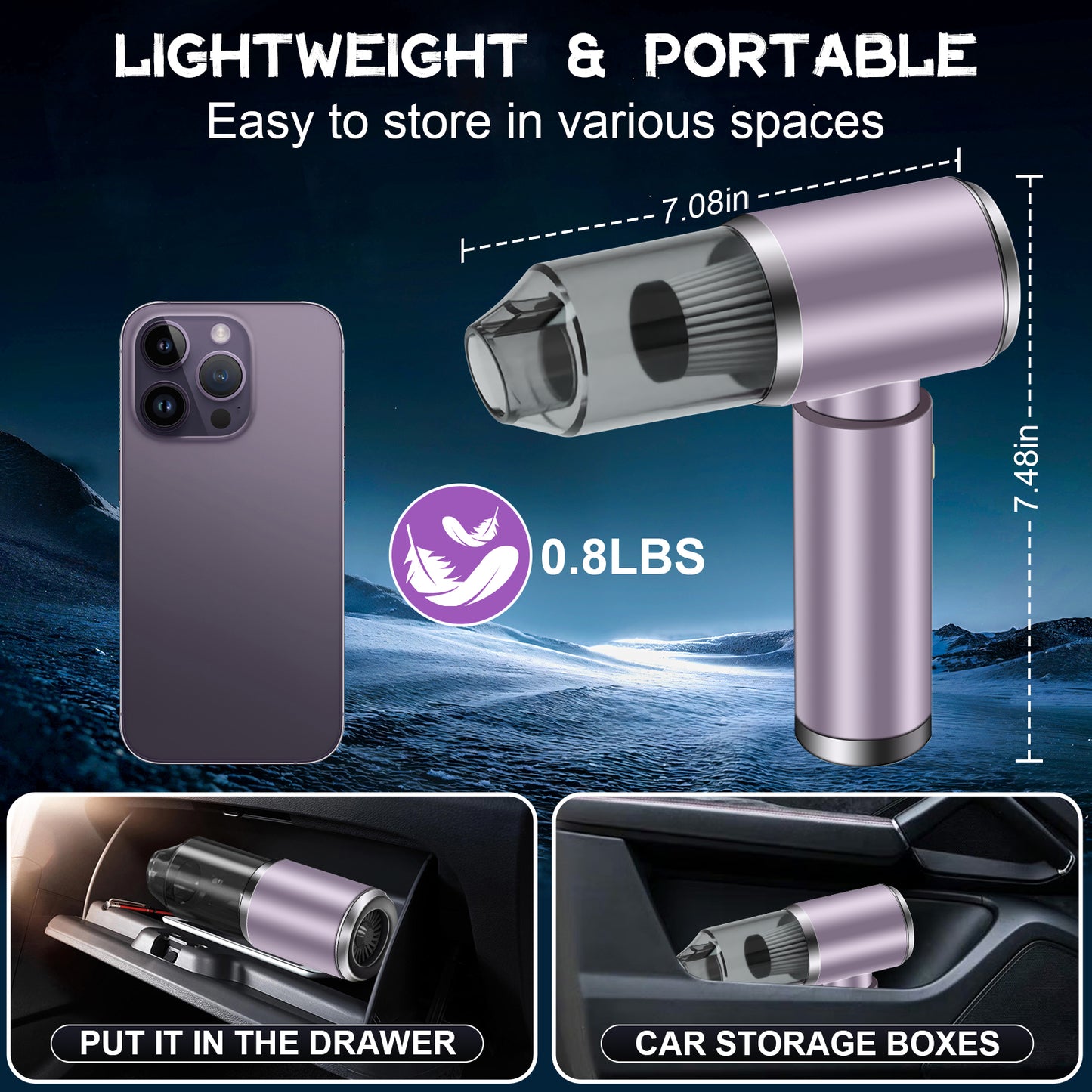 Pentantan Cordless Handheld Vacuum Cleaner, 12000PA Powerful Sutions Car Vacuum, 2 Adjustable Speeds Lightweight Mini Vacuum for Car, Keyboard, Home, Purple