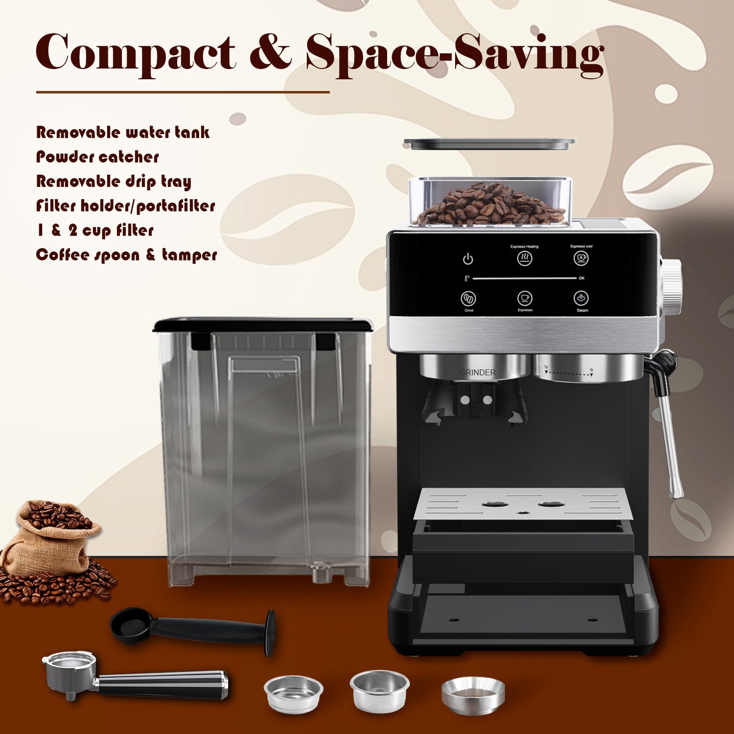 Bluebow Espresso Machine with Grinder, 20Bar Semi-Automatic Coffee Maker with Milk Frother Steam Wand, Professional Cappuccino Latte Machine for Home, Office