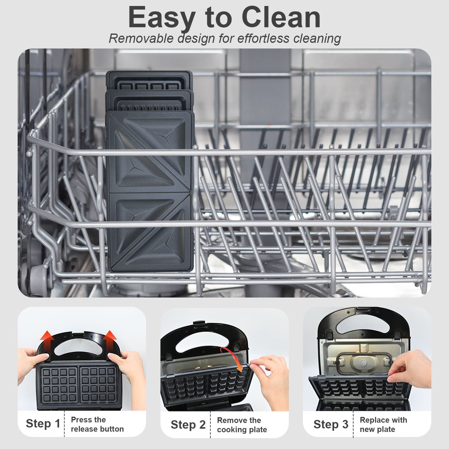 Bluebow 3 in 1 Waffle Maker, 2 Slice Breakfast Sandwich Maker with Removable Plates, Non-Stick Panini Press Grill, Indicator Light, 760W