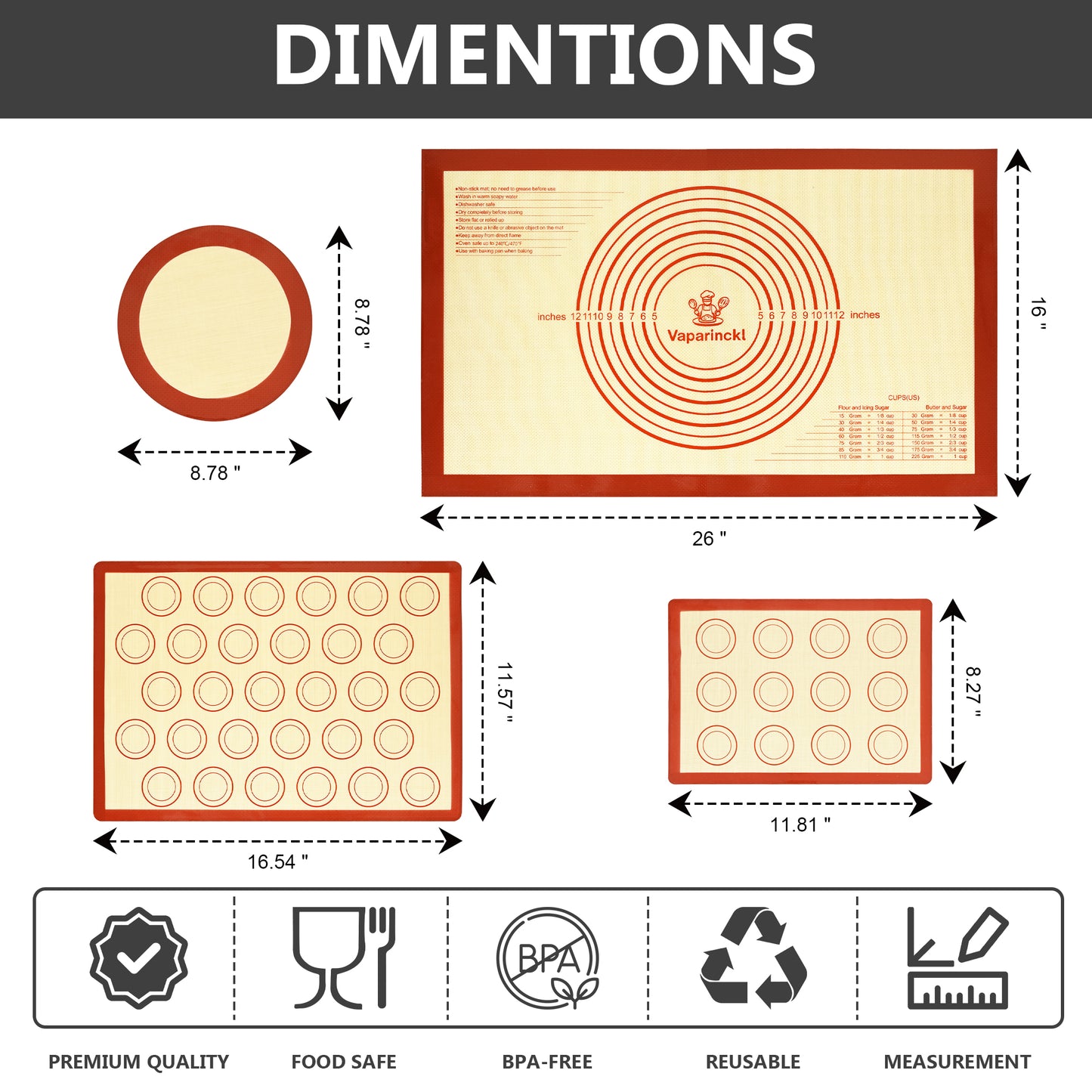 Vaparinckl Premium Silicone Baking Mat Set of 4, Pastry Dough 26"x16" Mat, Non-Stick Reusable Oven Sheet for Macaron, Cookie, Pizza, Fondant, Pan Liner