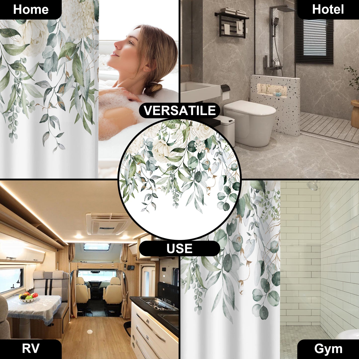 Vaparinckl Fabric Shower Curtain, Floral Watercolor Waterproof Liner Set with Hooks for Bathroom, 72"x72"