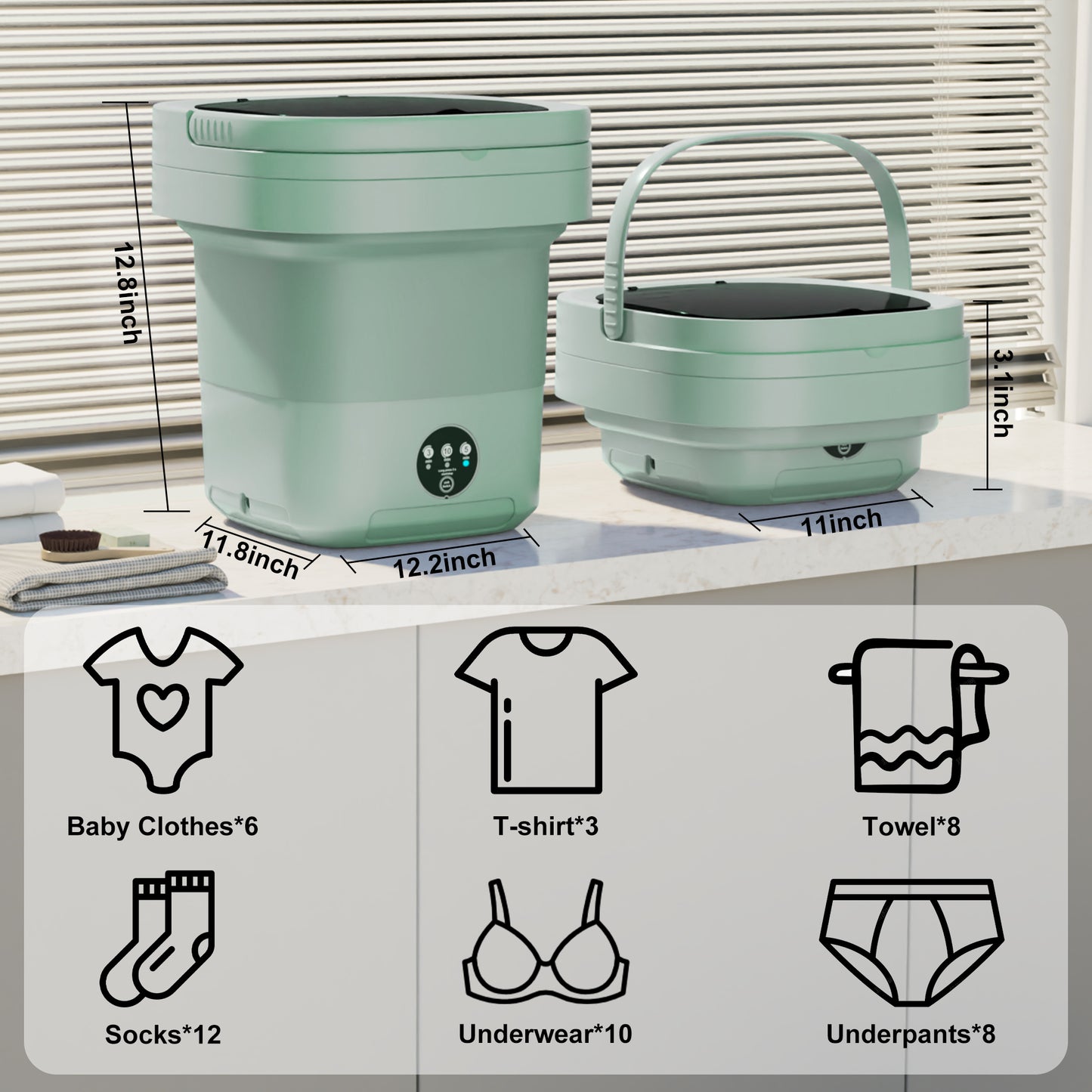 Pentantan 12L Portable Washing Machine, Mini Foldable Washer for Apartment, RV, Travel, Green