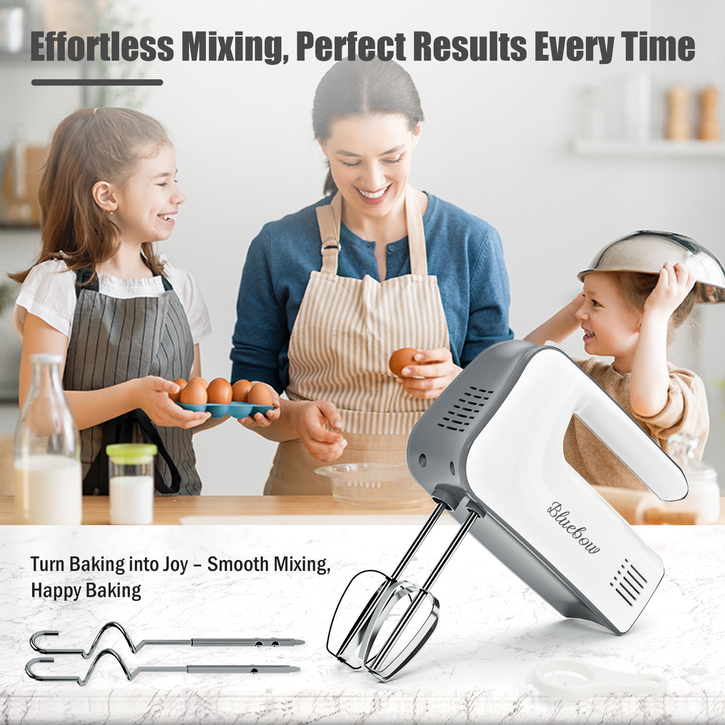 Bluebow 5-Speed Electric Hand Mixer, Handheld Mixer for Baking & Cooking, Kitchen Food Mixer with 2 Dough Hooks, 2 Whisks(Black)