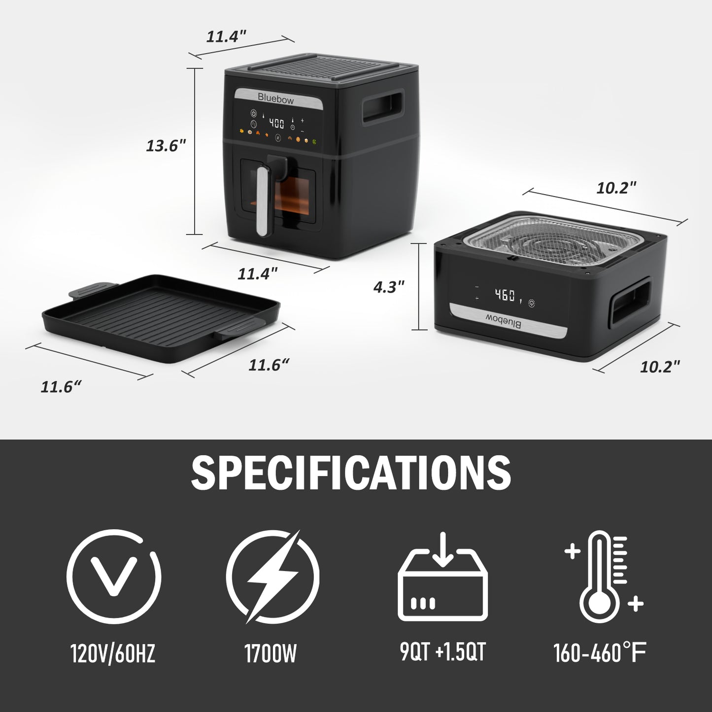 Bluebow 2-In-1 Air Fryer & Grill Pan Combo, 9QT Capacity, 8 Preset Functions, Non Toxic, Non-Stick, View Window, Black