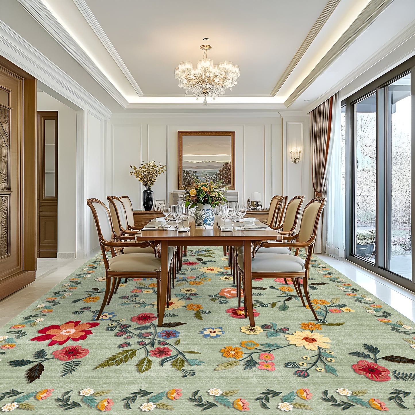 Pentantan 9'x12' Floral Area Rugs, Machine Washable Rug for Living Room- Soft Indoor Carpet, Low Pile for Bedroom, Dining Room, Playroom, Office, Green